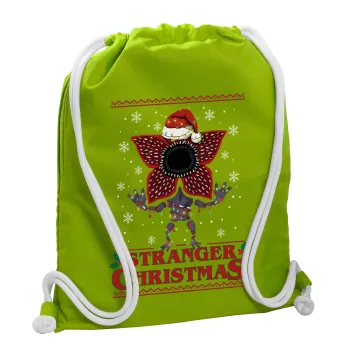 Stranger Things Christmas, Backpack bag GYMBAG LIME GREEN, with pocket (40x48cm) & thick cords