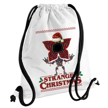 Stranger Things Christmas, Τσάντα πλάτης πουγκί GYMBAG λευκή, με τσέπη (40x48cm) & χονδρά κορδόνια