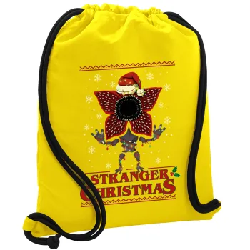 Stranger Things Christmas, Τσάντα πλάτης πουγκί GYMBAG Κίτρινη, με τσέπη (40x48cm) & χονδρά κορδόνια