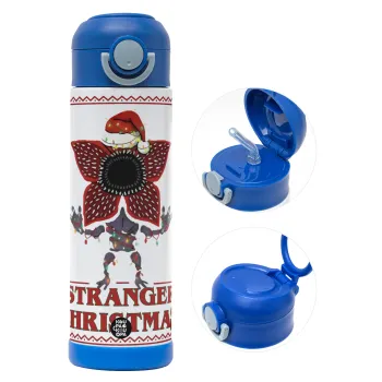 Stranger Things Christmas, Παιδικό παγούρι θερμό, ανοξείδωτο, με καλαμάκι ασφαλείας, ΜΠΛΕ (500ml)