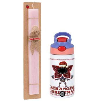 Stranger Things Christmas, Easter Set, Children's thermal stainless steel water bottle with safety straw, pink/purple (350ml) & Easter scented flat candle (30cm) (PINK)