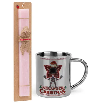 Stranger Things Christmas, Easter Set, metallic thermal cup (300ml) & aromatic flat Easter candle (30cm) (PINK)