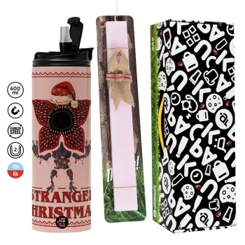 Stranger Things Christmas, Πασχαλινή Λαμπάδα με  ΡΟΖ Travel Tumbler θερμό (600ml, BPA free) & κερί αρωματικό πλακέ (30cm) (ΡΟΖ)
