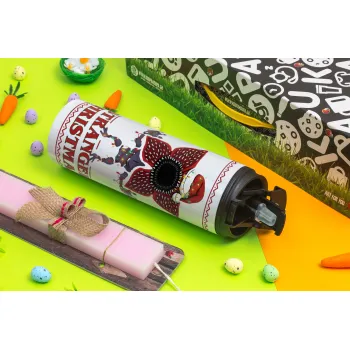 Stranger Things Christmas, Πασχαλινή Λαμπάδα με Travel Tumbler θερμό με διπλό καπάκι (600ml, BPA free) & κερί αρωματικό πλακέ (30cm) (ΡΟΖ)