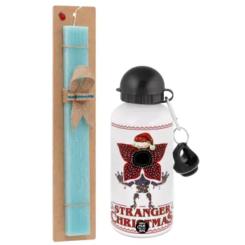 Stranger Things Christmas, Easter Set, metallic aluminum water bottle (500ml) & scented flat candle (30cm) (TURQUOISE)