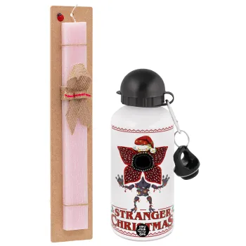 Stranger Things Christmas, Πασχαλινή Λαμπάδα με παγούρι μεταλλικό αλουμινίου (500ml) & κερί αρωματικό πλακέ (30cm) (ΡΟΖ)