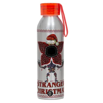 Stranger Things Christmas, Αλουμινένιο Αθλητικό Μπουκάλι 650ml – Ασημί με Κόκκινο Καπάκι και Λουράκι Σιλικόνης