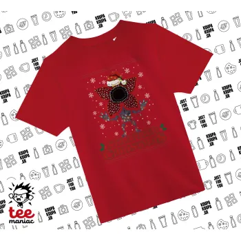Stranger Things Christmas, Άνετο παιδικό T-Shirt ΚΟΚΚΙΝΟ από 100% βαμβάκι, για κάθε μέρα. Vegan & OEKO-TEX πιστοποιημένο.