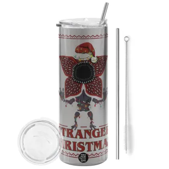 Stranger Things Christmas, Tumbler ποτήρι θερμό Ασημένιο από ανοξείδωτο ατσάλι 600ml, με μεταλλικό καλαμάκι & βούρτσα καθαρισμού