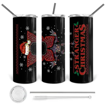 Stranger Things Christmas, Tumbler ποτήρι θερμό από ανοξείδωτο ατσάλι 600ml, με μεταλλικό καλαμάκι & βούρτσα καθαρισμού