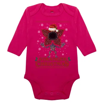 Stranger Things Christmas, Μακρυμάνικο βρεφικό φορμάκι, 0-18 μηνών, ΡΟΖ, 100% Organic Cotton