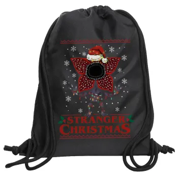 Stranger Things Christmas, Τσάντα πλάτης πουγκί GYMBAG Μαύρη, με τσέπη (40x48cm) & χονδρά κορδόνια