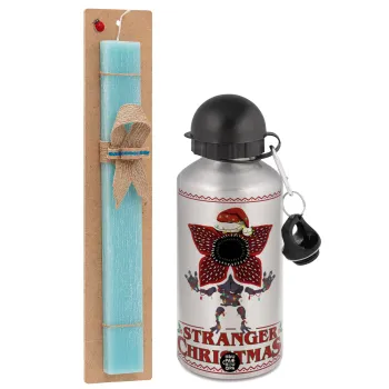 Stranger Things Christmas, Πασχαλινή Λαμπάδα με παγούρι μεταλλικό Ασημένιο αλουμινίου (500ml) & κερί αρωματικό πλακέ (30cm) (ΤΙΡΚΟΥΑΖ)