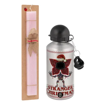 Stranger Things Christmas, Easter Set, metallic Silver aluminum water bottle (500ml) & scented flat Easter candle (30cm) (PINK)