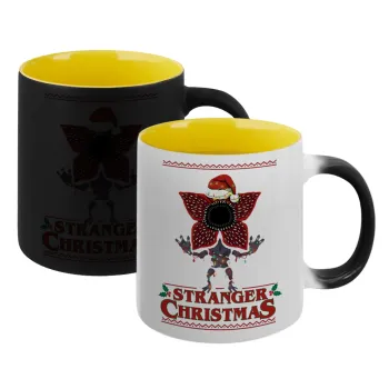 Stranger Things Christmas, Κούπα Μαγική εσωτερικό κίτρινη, κεραμική 330ml που αλλάζει χρώμα με το ζεστό ρόφημα