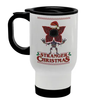 Stranger Things Christmas, Κούπα ταξιδιού ανοξείδωτη με καπάκι, διπλού τοιχώματος (θερμό) λευκή 450ml