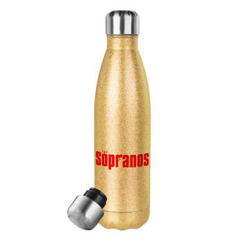 The Sopranos, Μεταλλικό παγούρι θερμός Glitter χρυσό (Stainless steel), διπλού τοιχώματος, 500ml