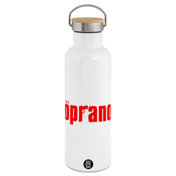 The Sopranos, Μεταλλικό παγούρι θερμός (Stainless steel) Λευκό με ξύλινο καπάκι (bamboo), διπλού τοιχώματος, 750ml