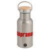 Stainless steel metallic thermos flask, silver with a bamboo lid, double-walled, 350ml.