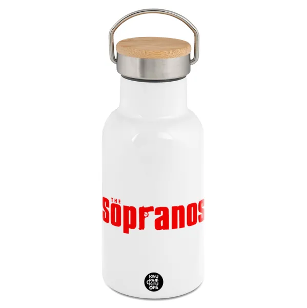 The Sopranos — Metallic thermos (Stainless steel) White with wooden lid (bamboo), double-walled, 350ml