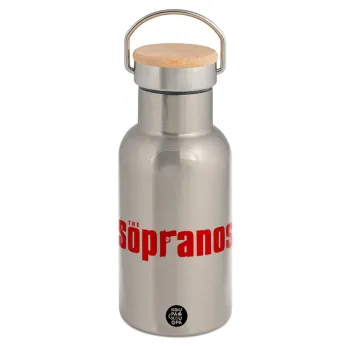 The Sopranos, Stainless steel metallic thermos flask, silver with a bamboo lid, double-walled, 350ml.