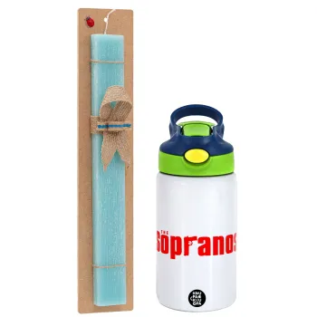 The Sopranos, Easter Set, Children's thermal stainless steel bottle with safety straw, green/blue (350ml) & aromatic flat Easter candle (30cm) (TURQUOISE)