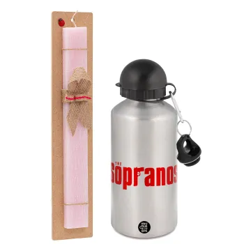 The Sopranos, Easter Set, metallic Silver aluminum water bottle (500ml) & scented flat Easter candle (30cm) (PINK)
