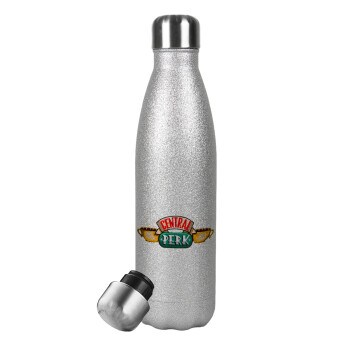 Central perk, Μεταλλικό παγούρι θερμός Glitter Aσημένιο (Stainless steel), διπλού τοιχώματος, 500ml