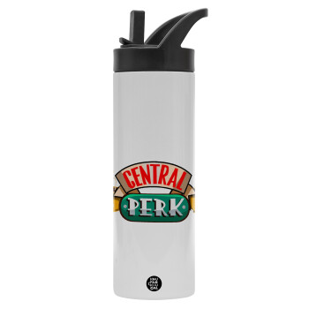 Central perk, Metallic thermos bottle with straw & handle, stainless steel (Stainless steel 304), double-walled, 600ml.