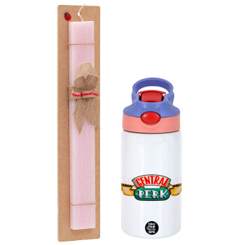 Central perk, Easter Set, Children's thermal stainless steel water bottle with safety straw, pink/purple (350ml) & Easter scented flat candle (30cm) (PINK)