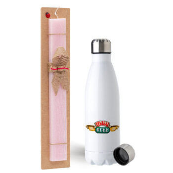 Central perk, Easter Set, metallic stainless steel water bottle (750ml) & scented flat Easter candle (30cm) (PINK)