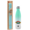 Easter Set, Metallic green/white thermos (Stainless steel), double-walled, 500ml & scented flat Easter candle (30cm) (TURQUOISE)