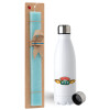 Easter Set, metallic stainless steel water bottle (750ml) & aromatic flat Easter candle (30cm) (TURQUOISE)