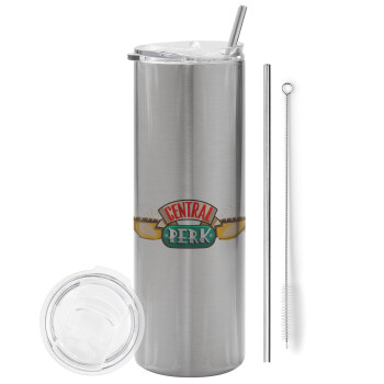 Central perk, Eco friendly stainless steel Silver tumbler 600ml, with metal straw & cleaning brush
