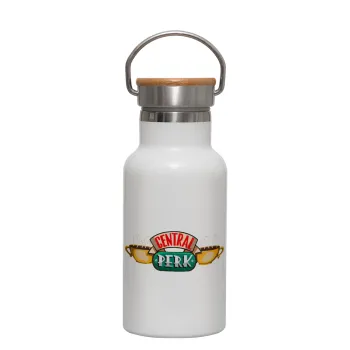 Central perk, Metallic thermos (Stainless steel) White with wooden lid (bamboo), double-walled, 350ml