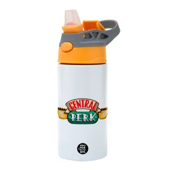 Central perk, Children's hot water bottle, stainless steel, with safety straw, Orange/Grey (360ml) BPA-FREE