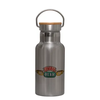Central perk, Stainless steel metallic thermos flask, silver with a bamboo lid, double-walled, 350ml.