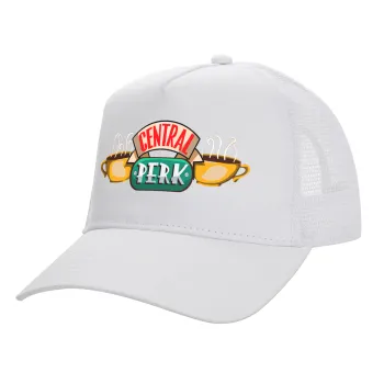 Central perk, Structured Trucker Adult Hat, with Mesh, WHITE (100% COTTON, ADULT, UNISEX, ONE SIZE)