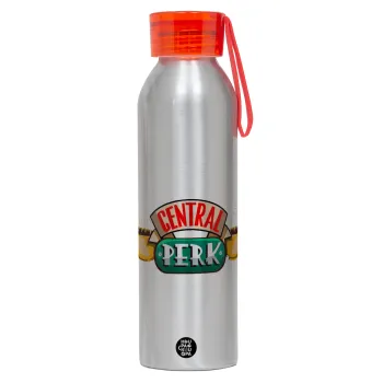 Central perk, Αλουμινένιο Αθλητικό Μπουκάλι 650ml – Ασημί με Κόκκινο Καπάκι και Λουράκι Σιλικόνης