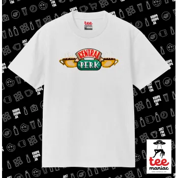 Central perk, Κλασικό T-Shirt, διπλής ραφής, χωρίς πλευρικές ραφές ΛΕΥΚΟ από 100% βαμβάκι. Vegan & OEKO-TEX πιστοποιημένο.