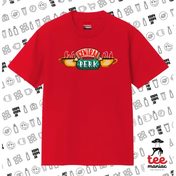 Central perk, Κλασικό T-Shirt, διπλής ραφής, χωρίς πλευρικές ραφές ΚΟΚΚΙΝΟ από 100% βαμβάκι. Vegan & OEKO-TEX πιστοποιημένο.