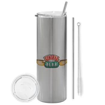 Central perk, Tumbler ποτήρι θερμό Ασημένιο από ανοξείδωτο ατσάλι 600ml, με μεταλλικό καλαμάκι & βούρτσα καθαρισμού
