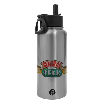 Central perk, Metal mug thermo Silver with Straw and Spout Lid (Stainless steel), double wall, 950ml