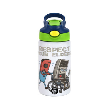 Respect your Elders, Children's hot water bottle, stainless steel, with safety straw, green, blue (350ml)
