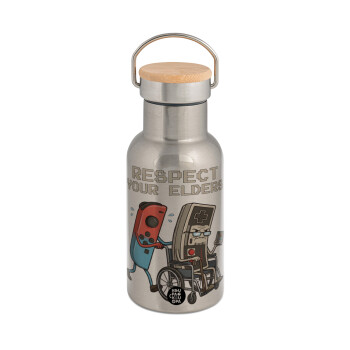 Respect your Elders, Stainless steel metallic thermos flask, silver with a bamboo lid, double-walled, 350ml.