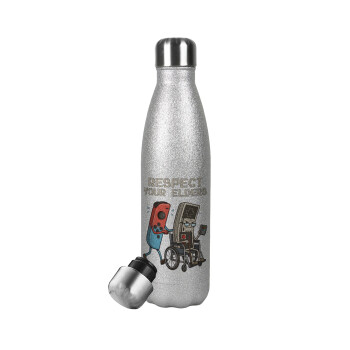 Respect your Elders, Μεταλλικό παγούρι θερμός Glitter Aσημένιο (Stainless steel), διπλού τοιχώματος, 500ml