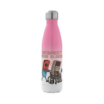 Respect your Elders, Metal mug thermos Pink/White (Stainless steel), double wall, 500ml