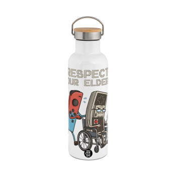 Respect your Elders, Stainless steel White with wooden lid (bamboo), double wall, 750ml