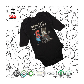 Respect your Elders, Μακρυμάνικο βρεφικό φορμάκι, 0-18 μηνών, ΜΑΥΡΟ, 100% Organic Cotton