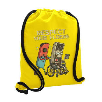 Respect your Elders, Τσάντα πλάτης πουγκί GYMBAG Κίτρινη, με τσέπη (40x48cm) & χονδρά κορδόνια